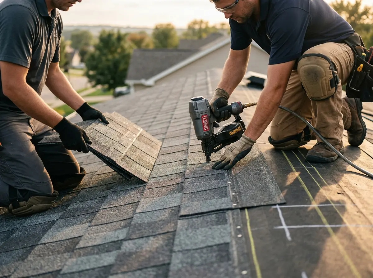 Professional roofer working on a residential roof in Cumru